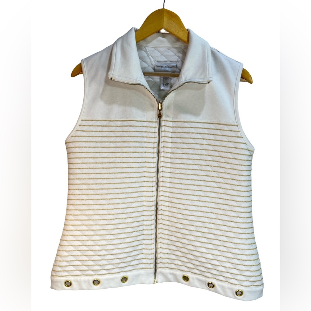 Draper’s & Damon’s Quilted Gold Stripe Vest Petite L‎ Cream Zip Front